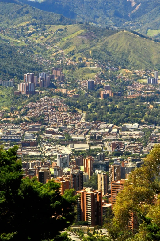 the city is surrounded by mountains and trees