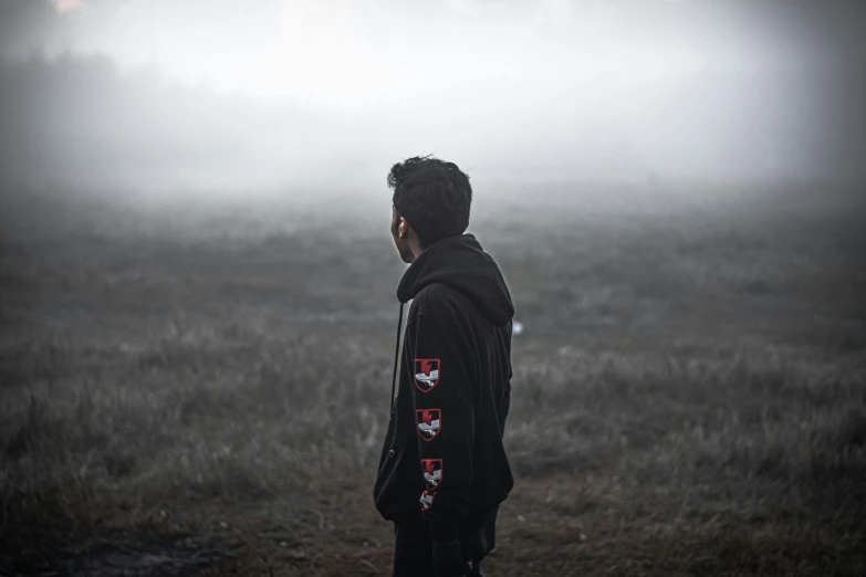 a man wearing a jacket is standing in a foggy field