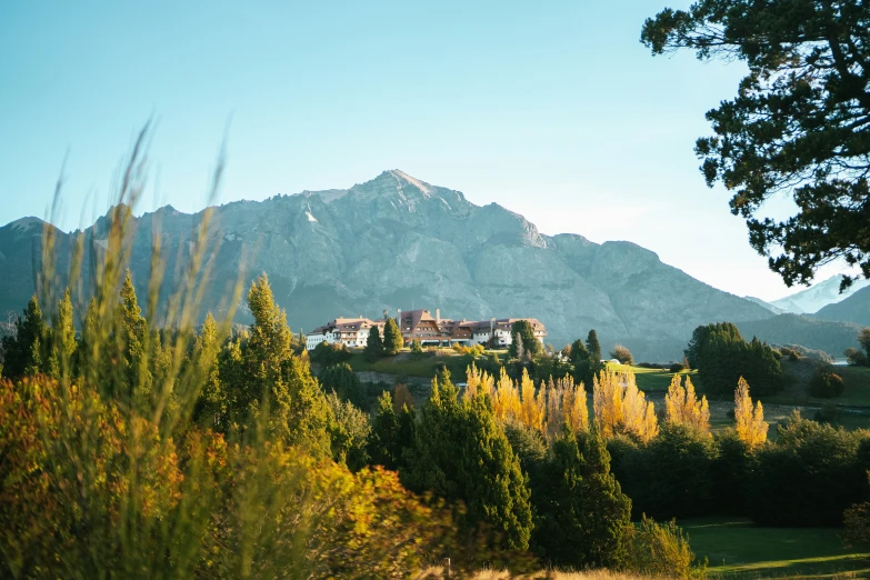 a large building surrounded by greenery on top of a mountain