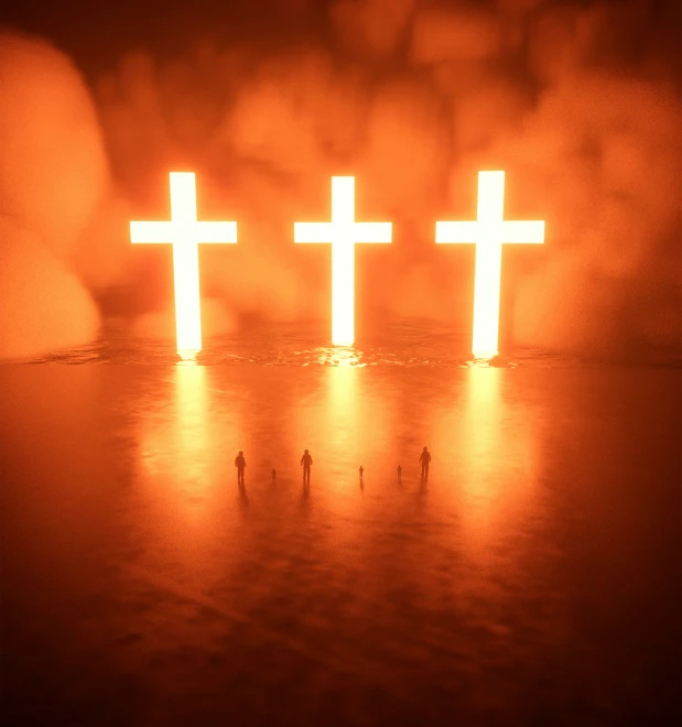 a group of four men in silhouette standing next to the cross
