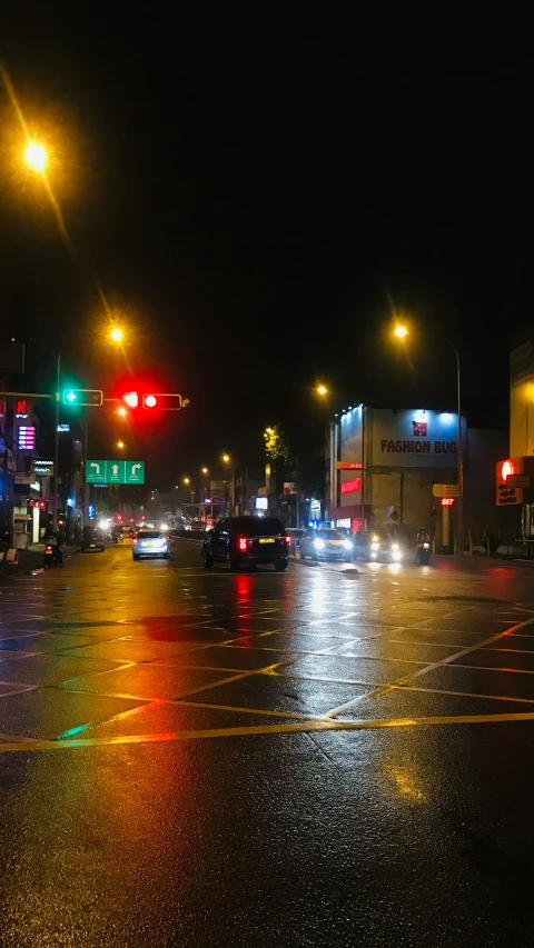 rain on the street and traffic lights at night