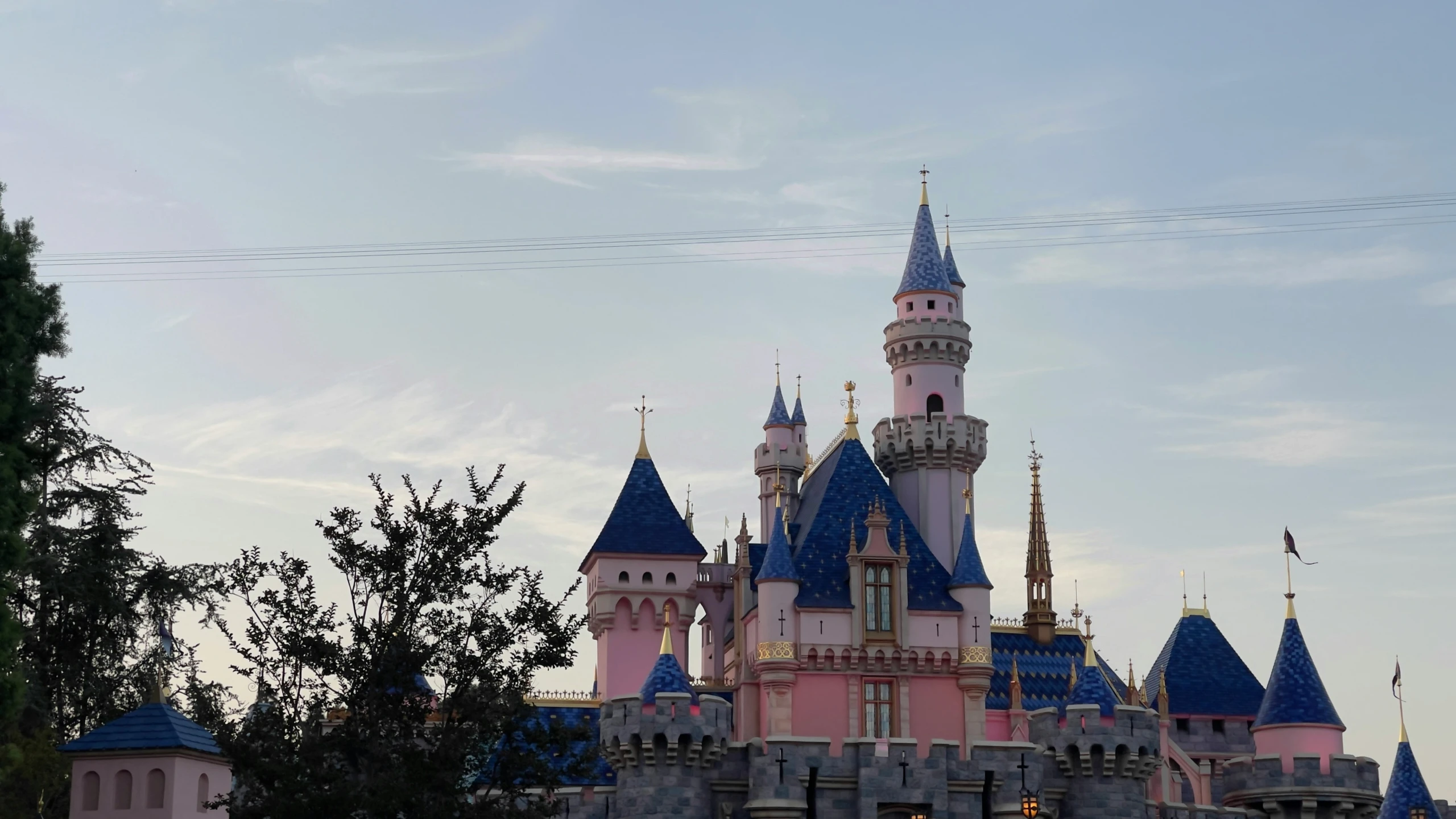 a castle in disneyland, with a power line crossing over it