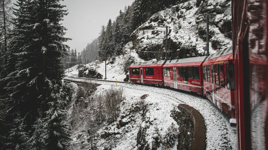 a red train driving on the tracks by some snowy trees