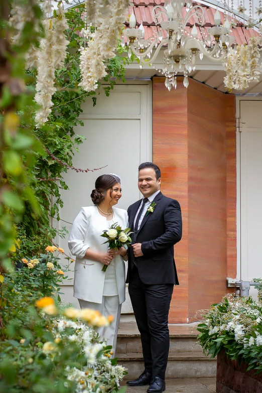 a bride and groom are standing next to each other