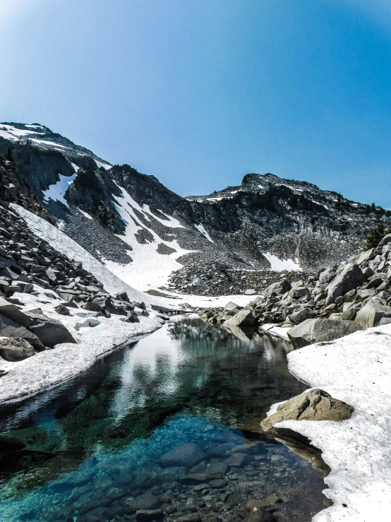 a beautiful view of the mountains is of clear water