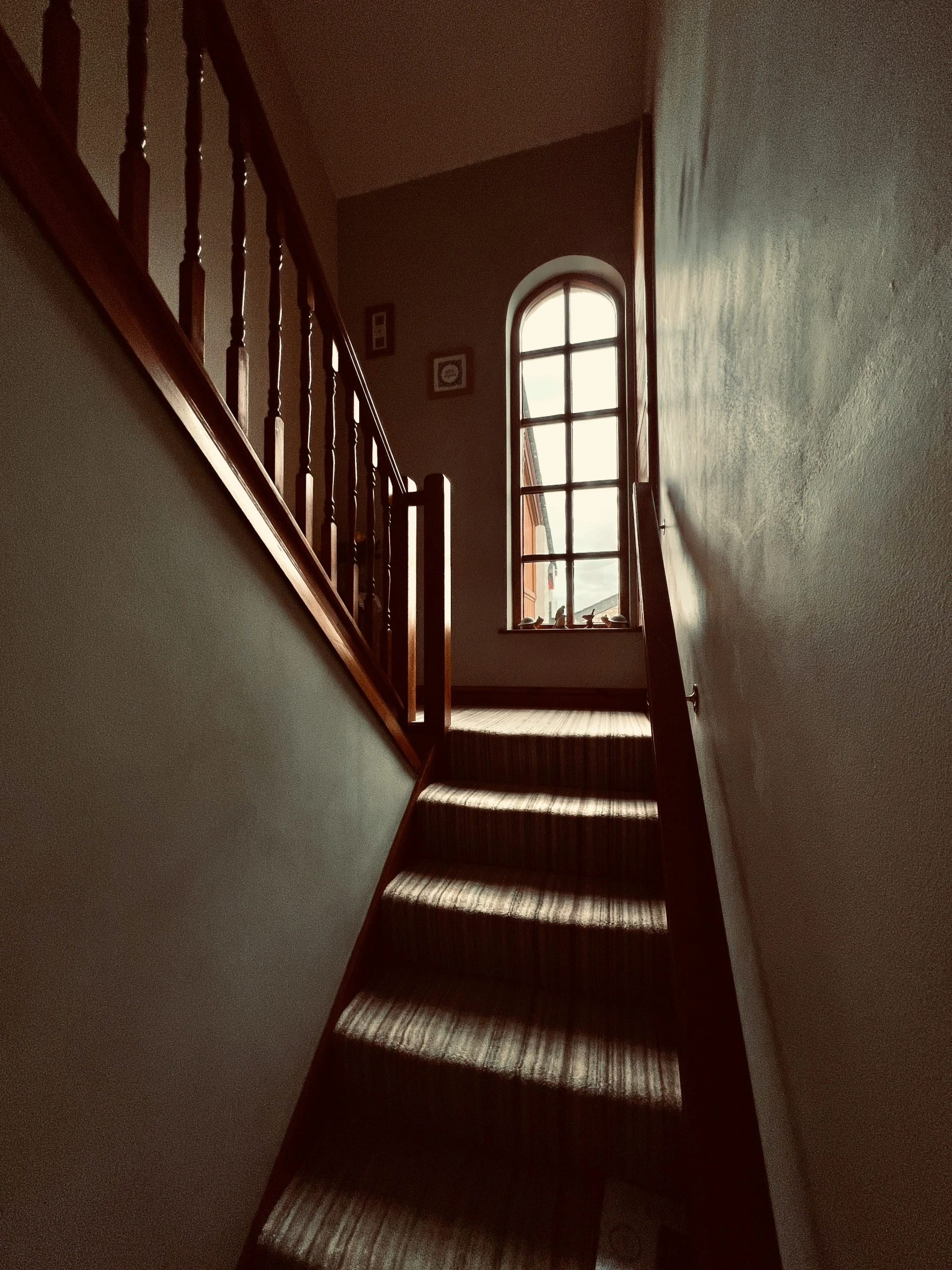 an open door leading to a hallway with dark carpeting