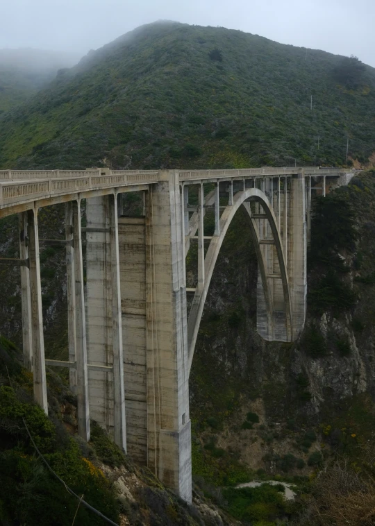 a bridge with the edge partially covered and some mountains and trees below