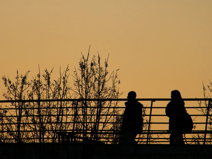 two people walking over a metal bridge