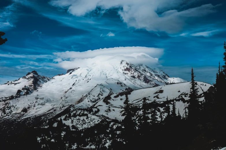 a snow covered mountain in the distance, with trees below