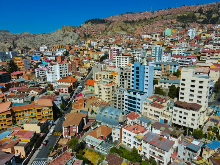 an aerial view of several buildings in the city