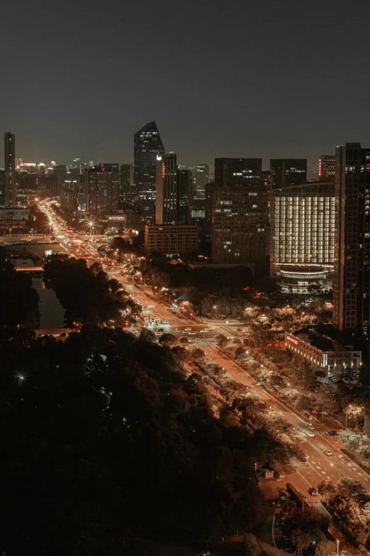 an aerial view of a city at night