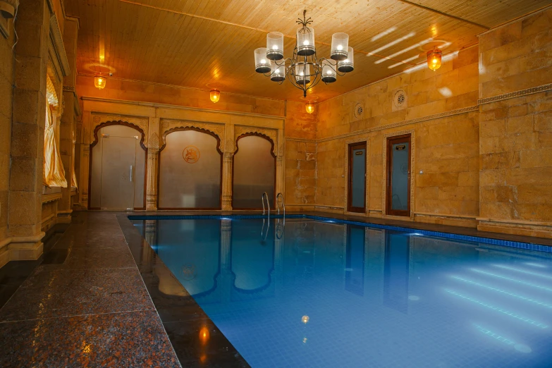 this indoor pool has a large skylight above it