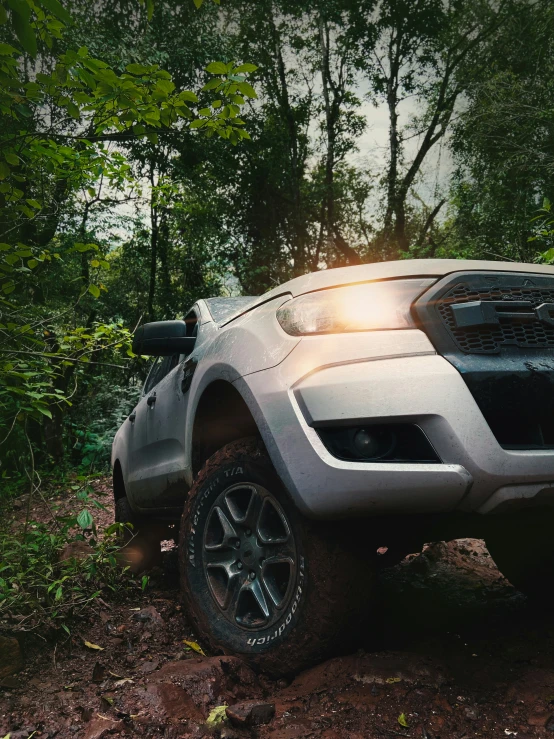 a pickup truck is parked in the woods