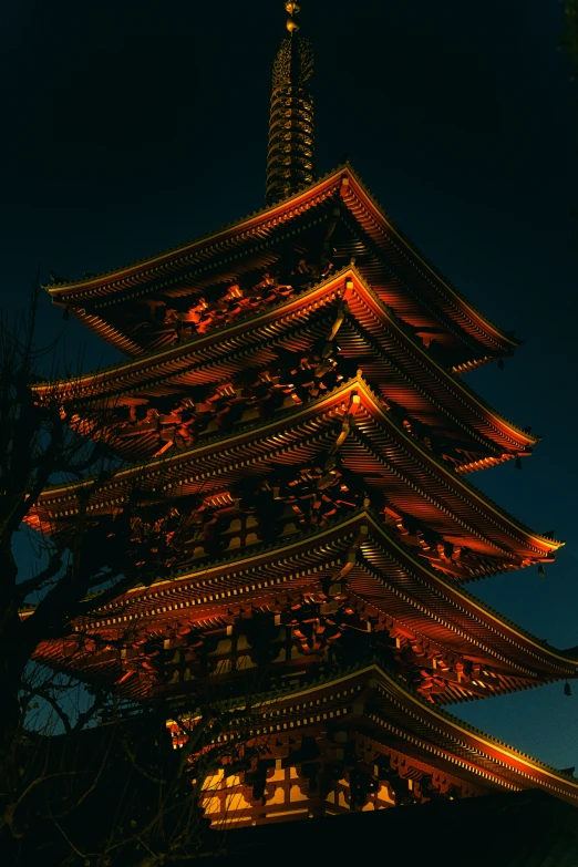 a large asian structure lit up with the night sky