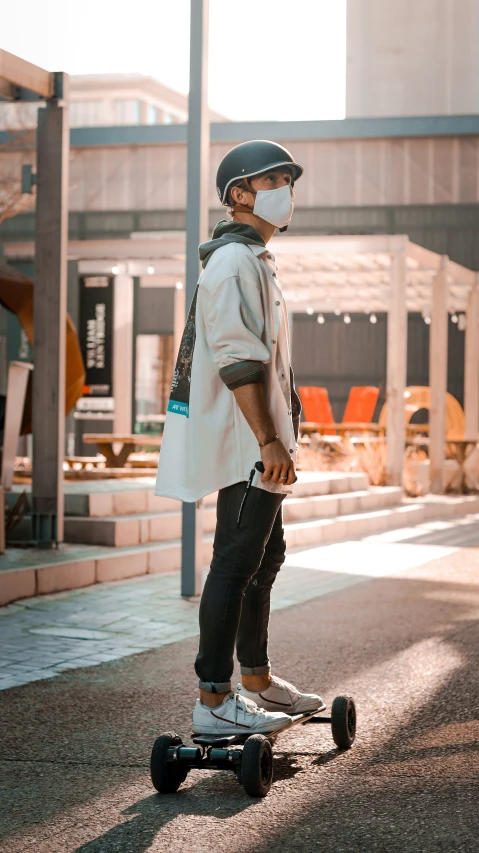 a man in a white shirt and a black helmet on a skateboard