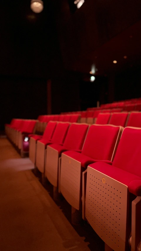 rows of empty red chairs at an auditorium