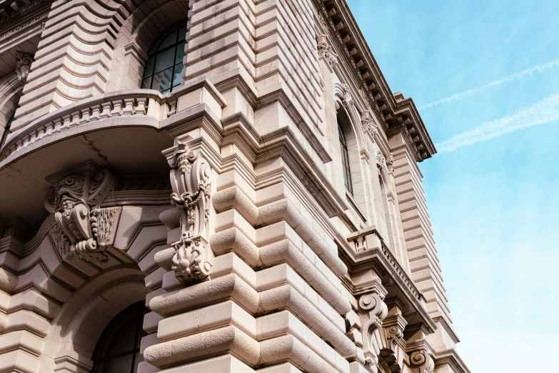 the old brick building has many ornate details on it