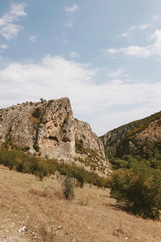 two rock outcrops on a grassy hillside next to a tree