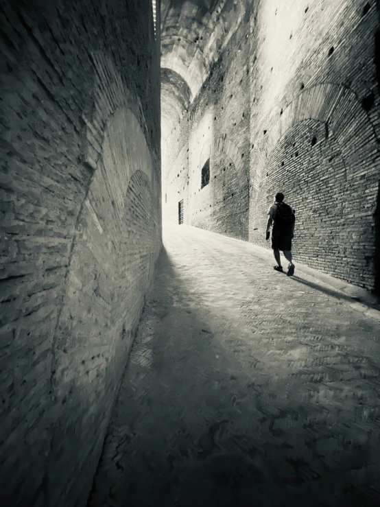 a man walking down an alley way while holding his arms behind him