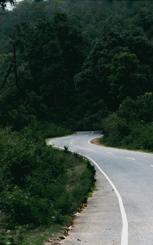 winding curve in road near lush green hills