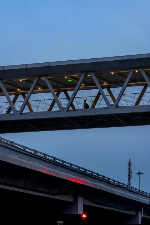 a person riding a bike on a pedestrian bridge