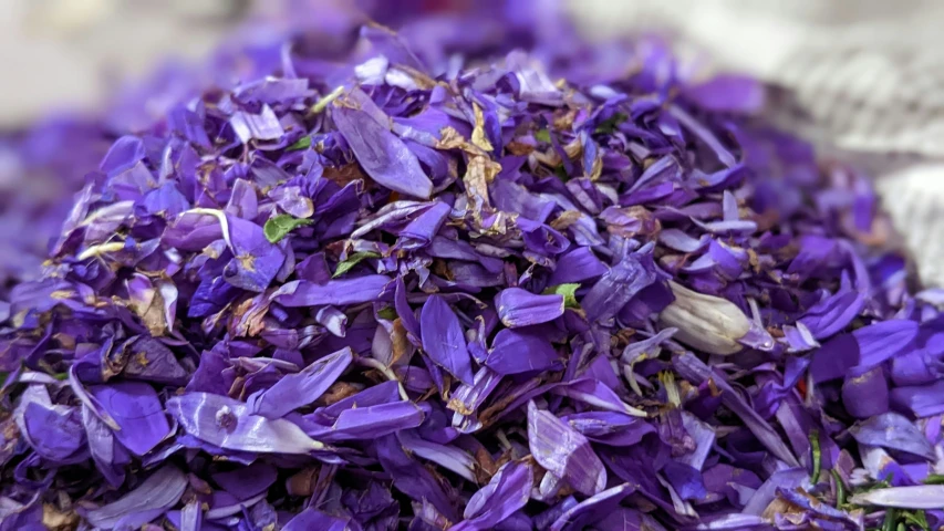 purple flowers are arranged on the side of a white paper bag