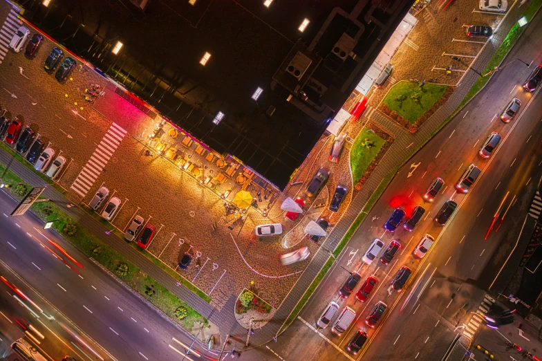 an aerial po of the city street at night