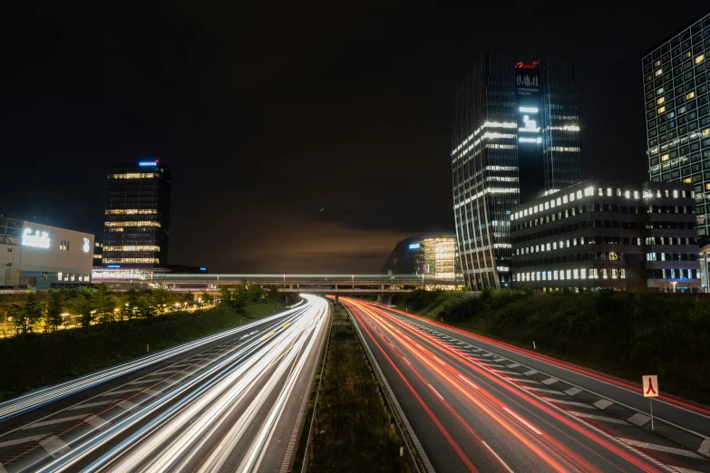 the skyline shows very many light streaks of light