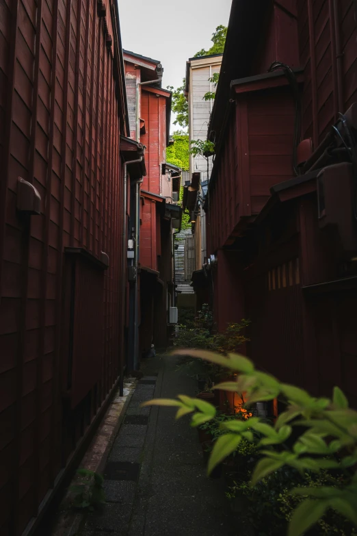 there is a narrow alley with red walls