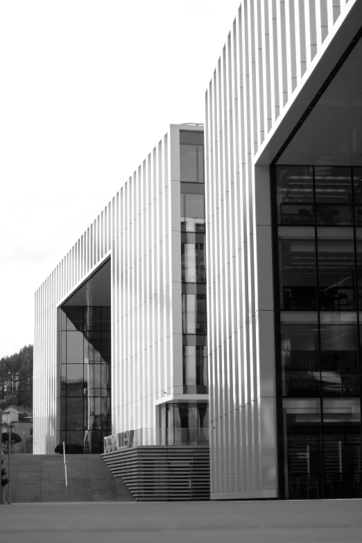 a black and white po of a building with stairs