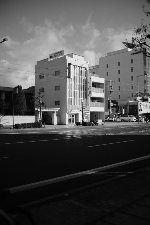 a black and white po of a city block