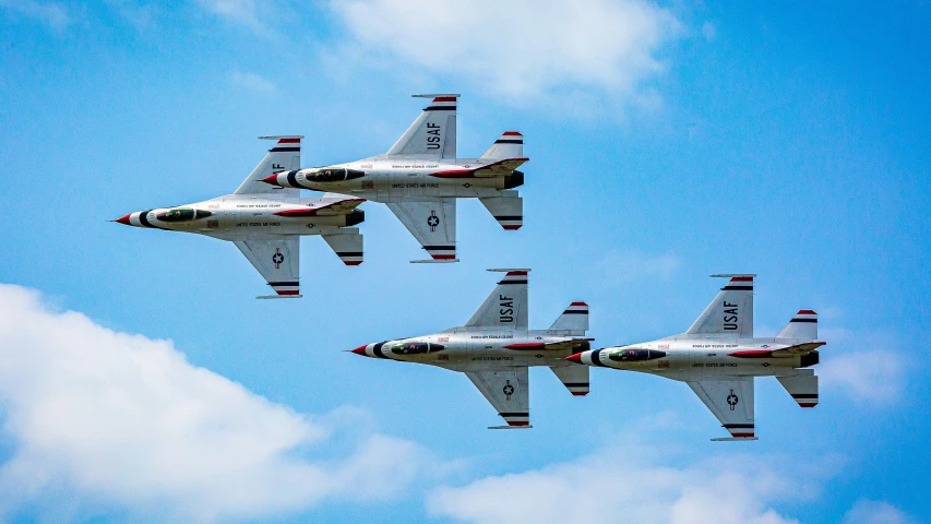 three jet fighter jets flying in formation with each other