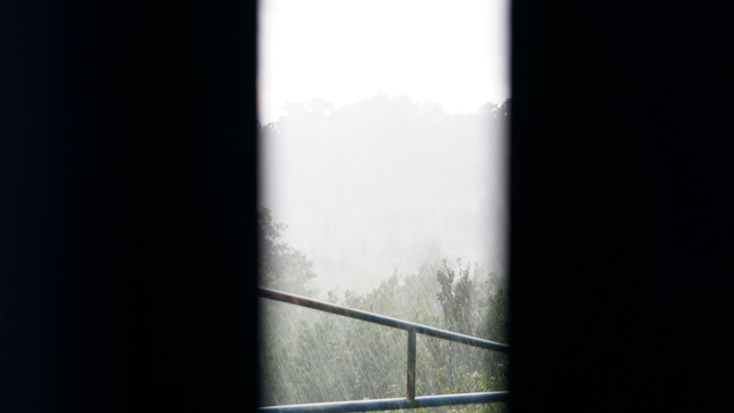 a window opens open to view a tree covered mountain