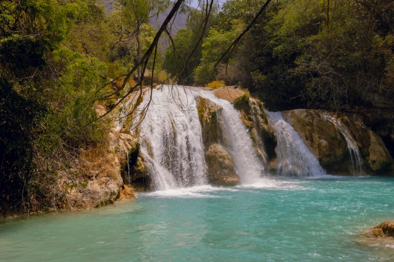 a waterfall coming out from some water surrounded by trees