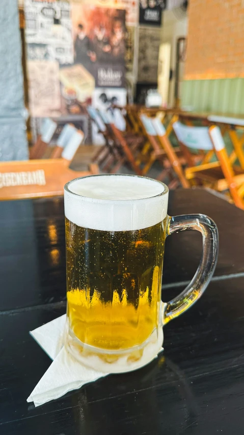 a close up of a mug of beer on a table