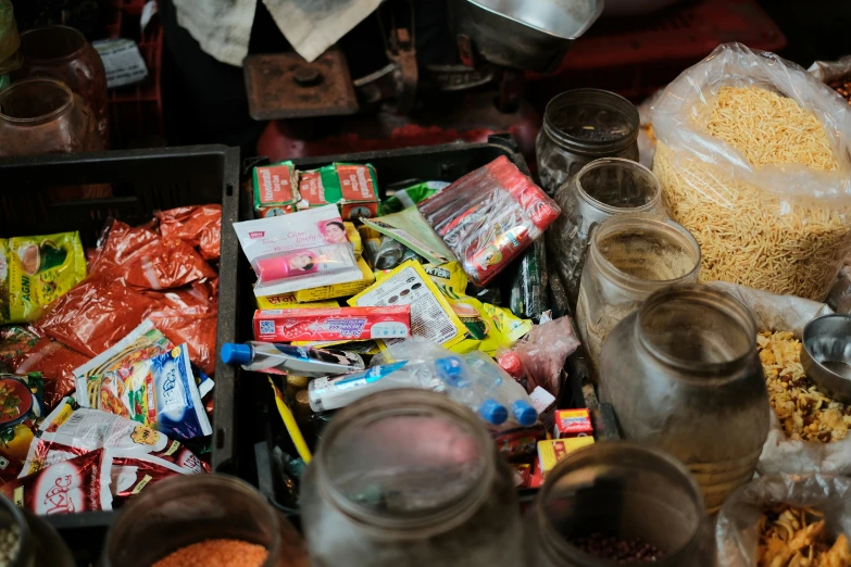 a bunch of food on the floor at the store