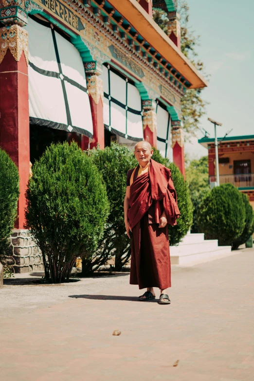 a man in red robe walking next to green shrubbery