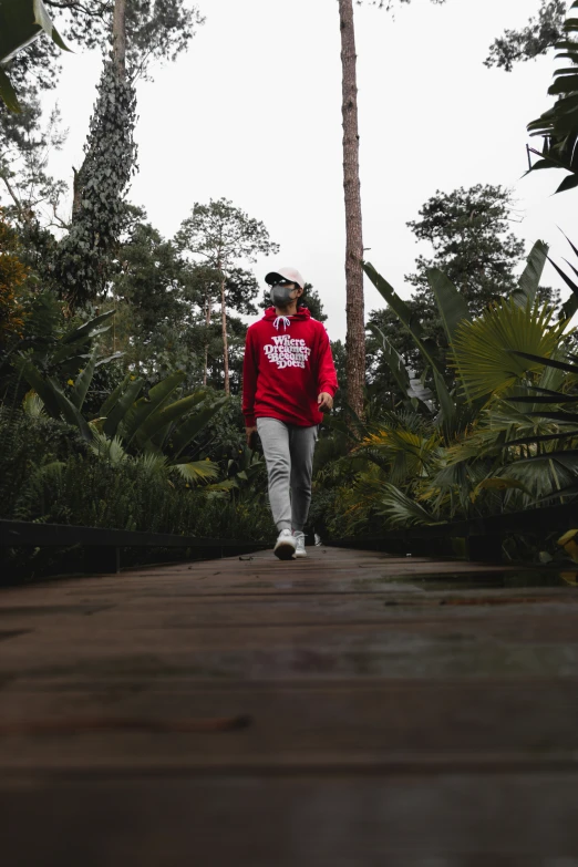 man in red sweatshirt walking on path among trees