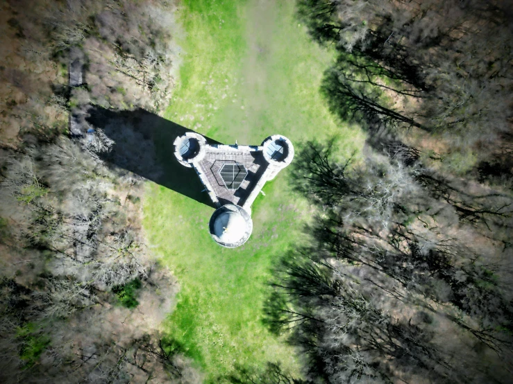 an aerial view of a tower and tree