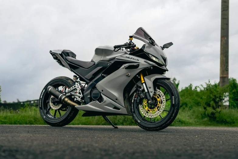 motorcycle parked in the road with green bushes in the background