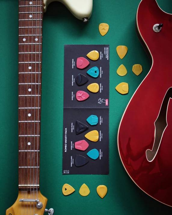 a guitar and its accessories are arranged on a green surface