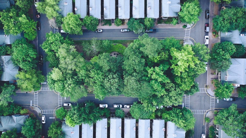 an aerial view of a parking lot, with lots of trees and houses in the background