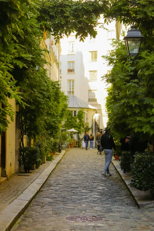 people walking up a narrow street on a brick road