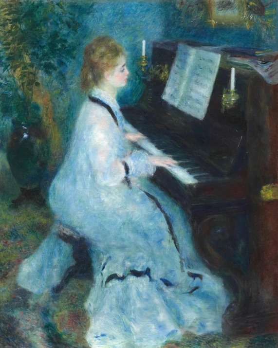 a painting of a girl at the piano