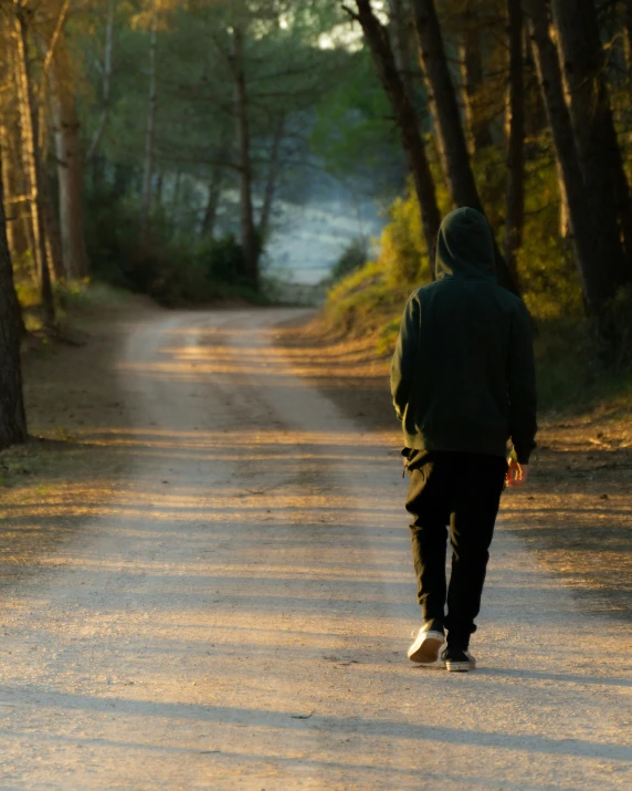 a person in a jacket walking down a country road
