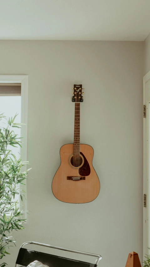 an acoustic guitar mounted on the wall of a room