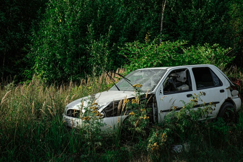 an abandoned car sitting in a field of tall grass