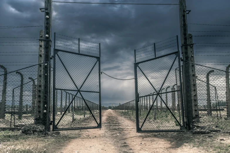 an open gate leading to the left is covered with barbed wire