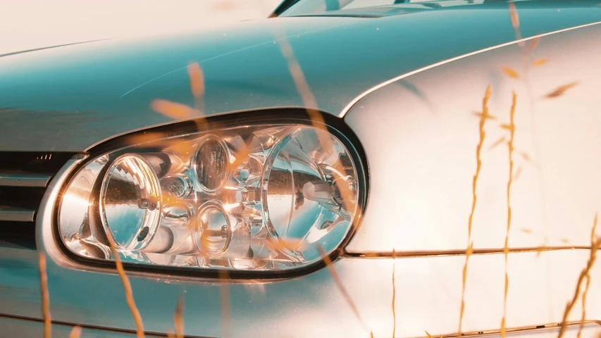 the headlight on an older car near some dried grass