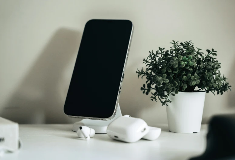 the table holds an iphone, earbud holder and a potted plant